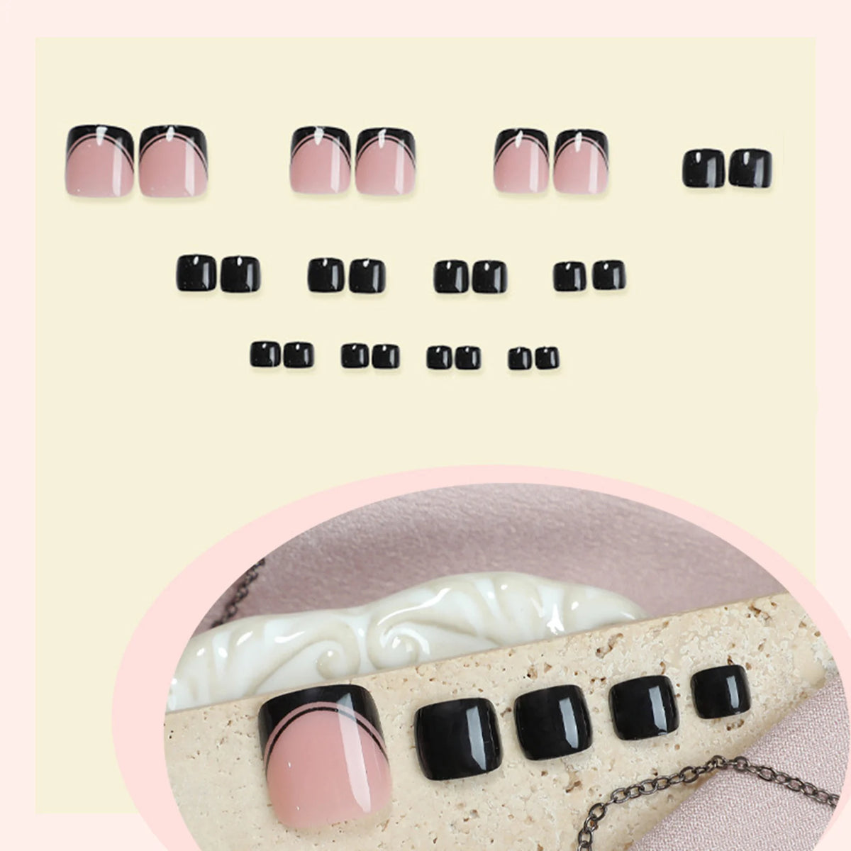 24Pcs Black French Tips Fake Toenails Nude Color Wearable Press on Nails for Foot Summer DIY Manicure Women Girls False Toe Nail