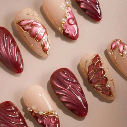 24Pcs Mid-length Almond Press on Fake Nails with Insect Flower Button Design Full Cover Nails Tips Reusable Finished False Nails