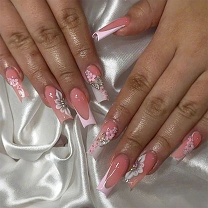 24Pcs Long Square Head French Fake Nail Tips 3D Love Heart Design Press on Nails with Rhinestone Pattern Wearable False Nail Art