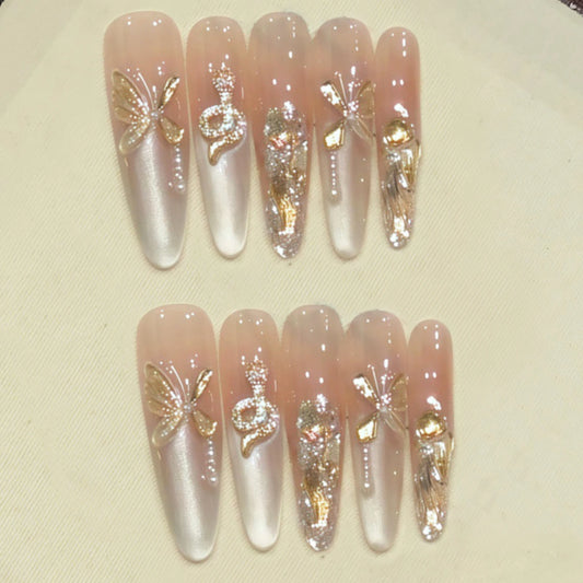 10Pcs Gold Ballet Handmade Nails with Butterfly Golden Snake Decoration Shiny Cat Eye Rhinestone Design Nails Wearable Manicure