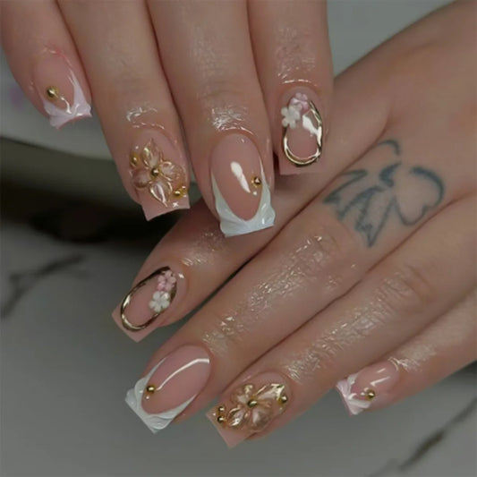 24Pcs Mid-length Square Head False Nails 3D Gilding Flower Pearl Press on Fake Nails White French Reusable Full Cover Nails Tips