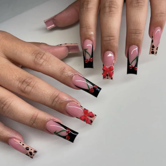 24Pcs Long Square Head Fake Nails Press on Leopard Print Black French False Nails with 3D Cherry Reusable Full Cover Nails Tips