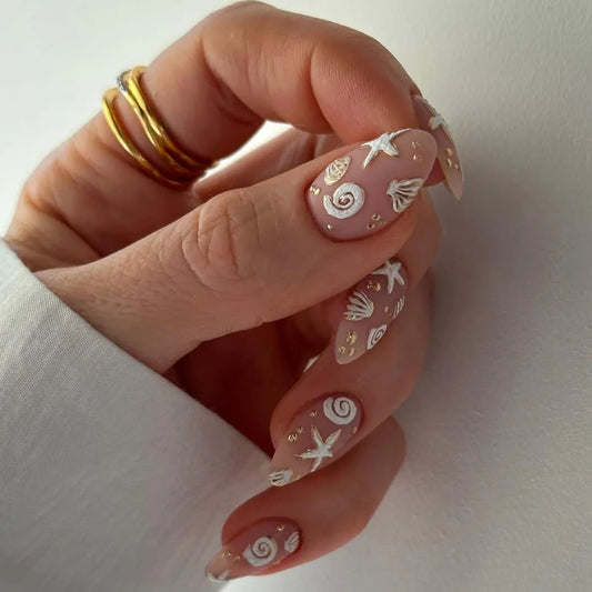 24Pcs Pearl Shell Patter Nail Art White False Nails Fashion Detachable Finished Fake Nails Press on Nails with Jelly Glue Short