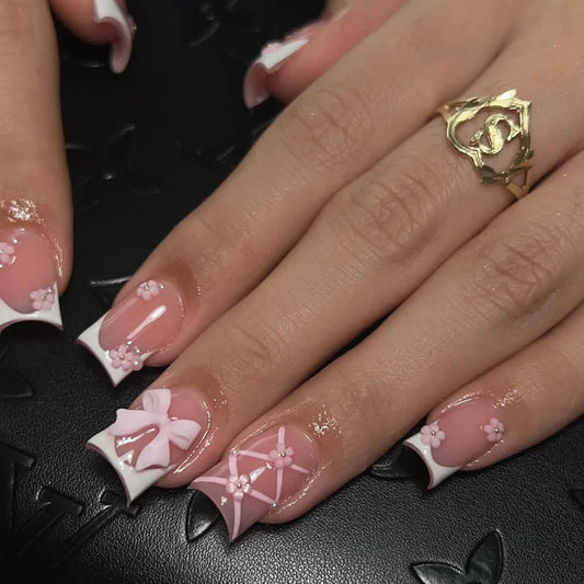 10PCS Square French White Border Design 3d Pink Bow Design Short Nails, Pink Cherry Blossom Decoration Nails Pressure Nails