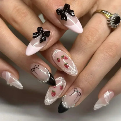24pcs Press on Nails Short Almond Bowknot Black Press on Nails White Pearl Sweet French Tip Press on Nails Cute Nail Artificial