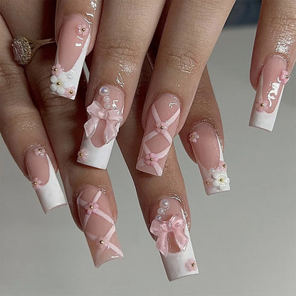 24PCS Spice Girls False Nails Sweet Cool 3D Pink Flowers with Diamonds Decoration Square Press on Nails Full Cover Wearable Tips