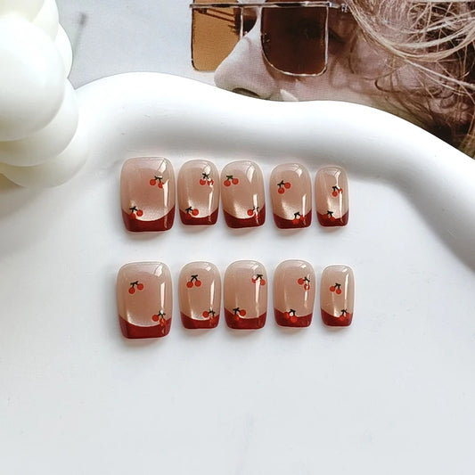10Pcs French Style Cherry Half Handmade With Cat Eyes Press on Nails Spring Summer Must Have INS Trend Cute Nail Patch Fake Nail