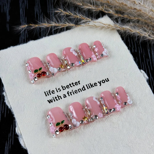 10pcs high-end Pink girl style, hand-painted three-dimensional engraved design, cherry, dazzling multi-diamonds handmade fake