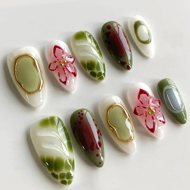 24Pcs Mid-length Almond Press on Fake Nails with Insect Flower Button Design Full Cover Nails Tips Reusable Finished False Nails