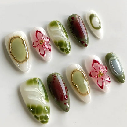 24Pcs Mid-length Almond Press on Fake Nails with Insect Flower Button Design Full Cover Nails Tips Reusable Finished False Nails