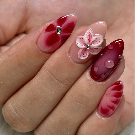 24pcs Rhinestone Design False Nail Flower Design Purple Mid-length Almond Press on Fake Nails Detachable Full Cover Nail Tips
