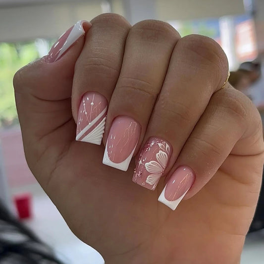 24pcs Upgrade Your Look With White French flower square false nail set 1pc Nail File & 1Nail Glue Sticker Kit Nails