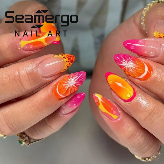 24PCS 3D Fruit Fake Nails with Water Drop Print Pink Orange Yellow Summer Fruit Style Press on Nails Reusable False Nails Daily
