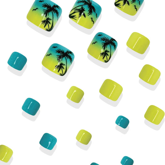 24pcs Ins Summer Press on Toe Nails Summer Yellow Blue Gradient False Nails Wearable Reusable Coconut Tree Print Fake Toenails