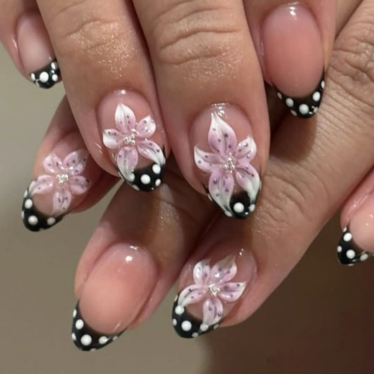 24pcs Flower Fake Nails Sets Polka Dot Stick on Nail Long Almond French Press on Nails Acrylic Summer Cute Ladybug False Nail
