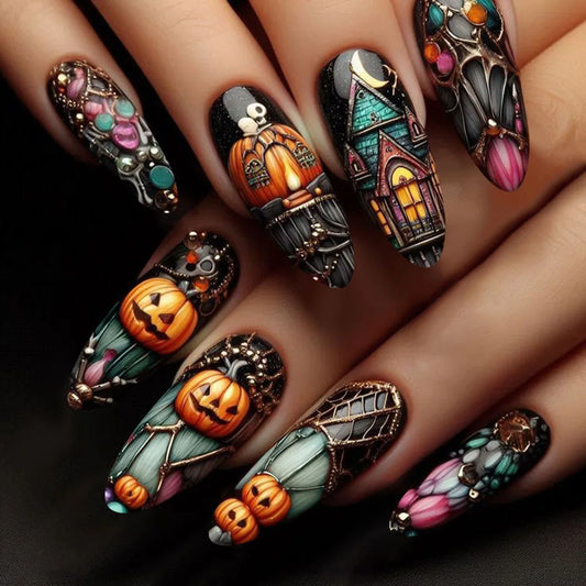 24Pcs Mid-length Almond Fake Nails Press on Pumpkin Ghost House Halloween False Nails Spider Web Wearable Full Cover Nails Tips