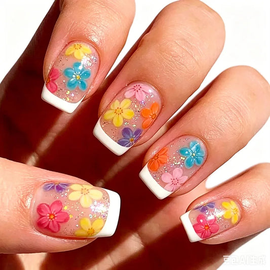 24pcs Press on Nails Sets Short Glitter Flower Full Cover White French Fake Nail Art Spring Summer Colorful False Nail Manicure