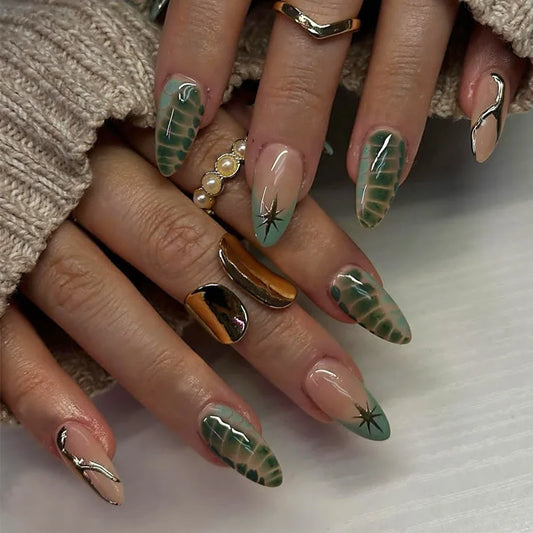 24pcs Leopard Print Almond Fake Press on Nails with Mini Flower Acrylic Fake Nails Retro Sweet Cool Design Press Ons French Nail