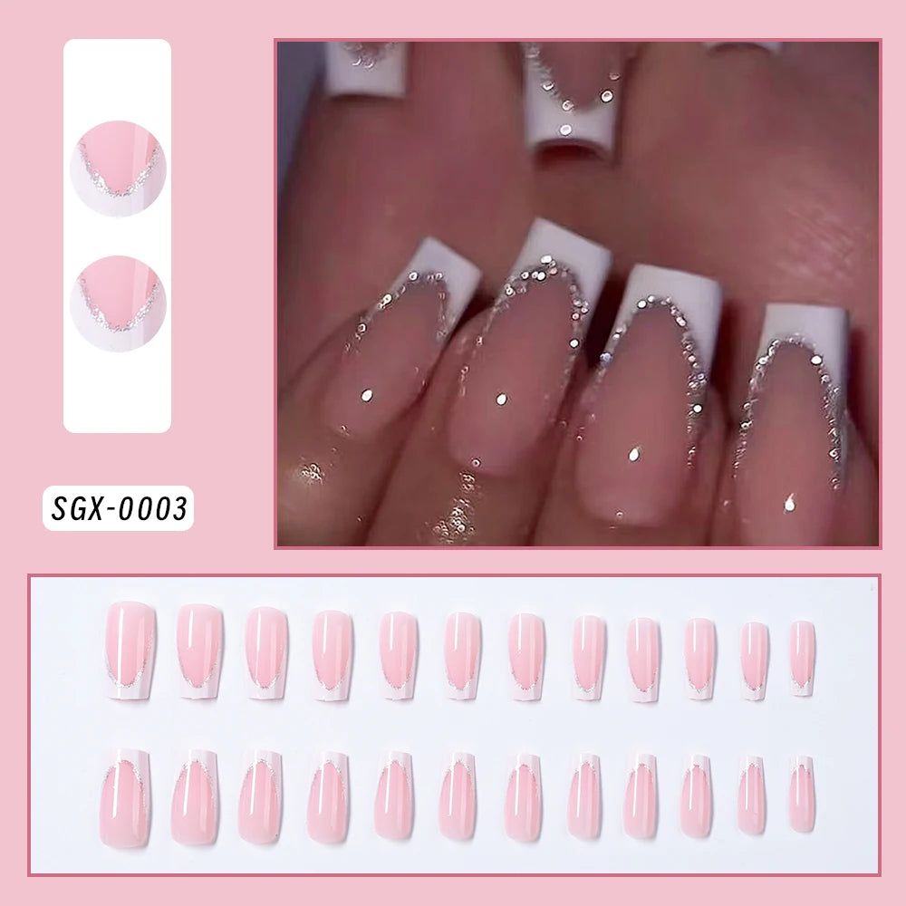 24pcs Flower French Fake Nails Pink Mid-length Square Finished False Nail 3D Jelly Hibiscus Design Gradient Press on Nails Tips#
