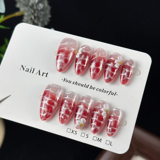 10pcs high-end Luxury-simplified style, hand-painted decorative patterns, dazzling fish-scale cat-eye effect handmade fake nails
