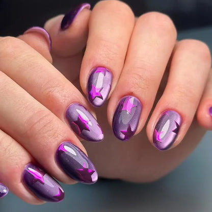 24pcs Almond False Nails Spring Summer Stick on Purple Cat's Eye Press on Nails Oval Fake Nail Flower Gold Leaf Design Manicure