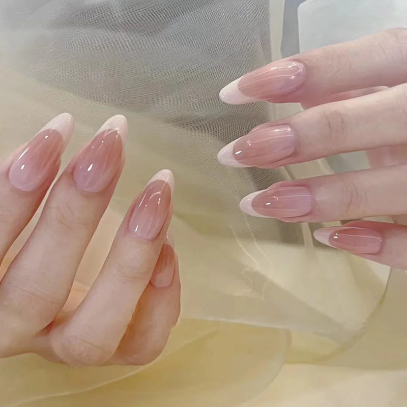 24pcs Long Almond Press on Nails Gold Bow Fake Nails Cherry Pattern False Nail Artificial Tips Накладные Ногти Uñas Postizas 네일팁