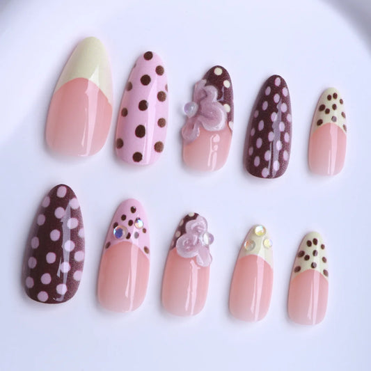24pcs Sweet Cute Dotted Fake Nails with 3D Flower Design Press on Nails INS Fashion Almond/Ballet Shaped False Nail Patches