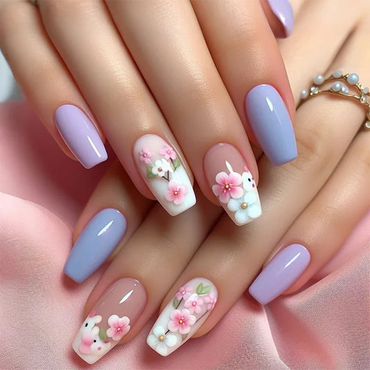 24Pcs Sping Summer Flower Fake Nails with Green Leaves Design Short Square False Nails Wearable Acrylic Finished Press on Nails