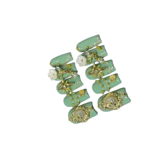 10Pcs Green Court Style Retro Fresh False Nails Sweet Cool Angel Golden Handmade Acrylic Nails Tips Art Detachable Nail Stickers