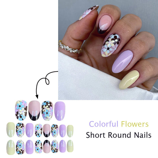 24pcs Flower Pattern Press-On Nails Spring Summer Colorful Round Head False Nail Tips Sweet Cool Style Fake Nail Patches