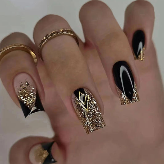 24PCS Square Medium Length Black Full Coverage Fake Nails With Gold Glitter Design French Nail Decoration For Women And Girls