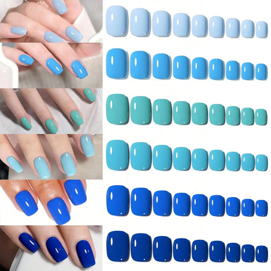 144PCS-Short Square Blue Series Fake Nails Art Set- Full Cover Fake Nail Set For Stylish Women & Girls, Perfect for Daily