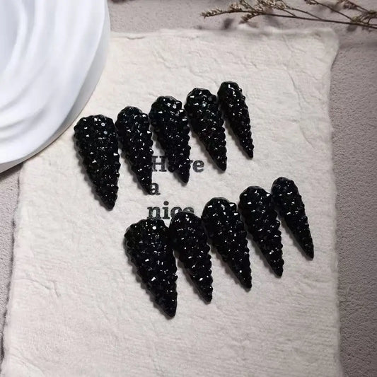 10pcs high-end Cool girl style, dazzling pure black round diamond, sparkling water diamond handmade fake nails