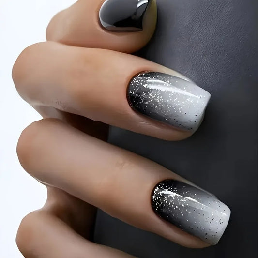 24pcs Gradient Black Full Cover Nail Tips Simple Wearable Short Square Fake Nails with Shiny Powder Design Press False on Nails