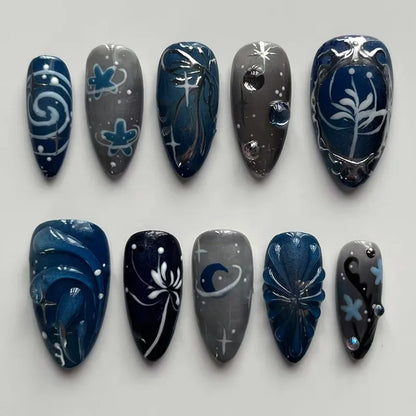 24Pcs Mid-length Almond Press on Fake Nails with Insect Flower Button Design Full Cover Nails Tips Reusable Finished False Nails