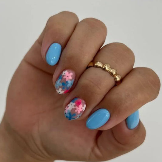 24pcs Flower Colorful Design False Nails Art Short Oval Press on Nails Set Wearable Square Head Fake Nail Tips Finished Manicure