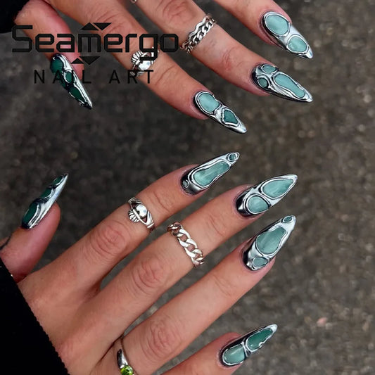 24PCS Metallic Fake Nails Dark Bluel Chrome Edgy Design False Nails with Luxury European Aurora Spicy Cool Style Press on Nails