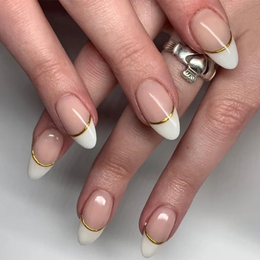 24pcs White French Fake Nails with Love Design False Nail Acrylic Simple Sweet Long Almond Press on Nails Nude Color Manicure