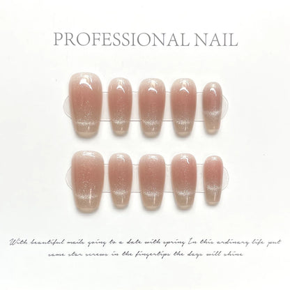 Handmade Nude Color False Nails Dark Cross Flash Rhinestone Steel Ball Press On Nails Detachable Long Stiletto Fake Nail Art