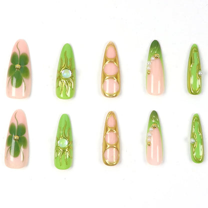 Y2k 10PCS Long Almond Fake Nails, Gold-Plated Flower And Pearl Decoration, Cat Eye Design Rhinestone Decoration Fake Nails