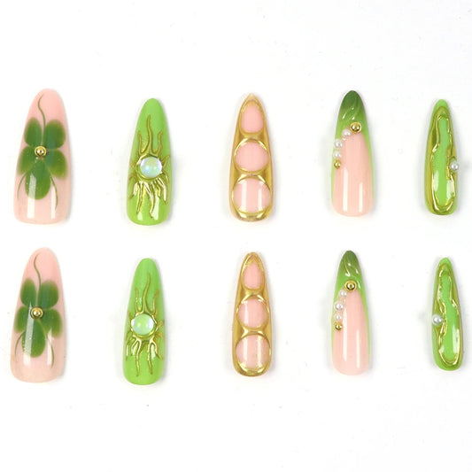 Y2k 10PCS Long Almond Fake Nails, Gold-Plated Flower And Pearl Decoration, Cat Eye Design Rhinestone Decoration Fake Nails