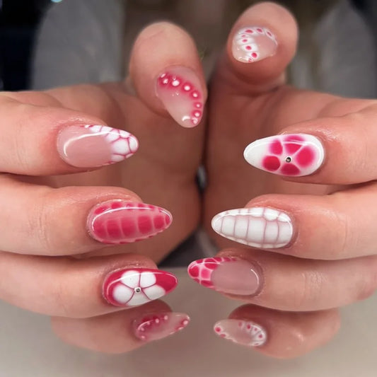 24pcs Fashion Almond False Nails Summer Cute Flower Rhinestone Design Press on Nails Reusable Colorful Long Stiletto Fake Nails