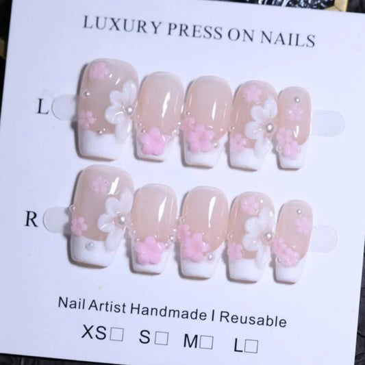 10pcs high-end Gentle and sweet style, hand-painted three-dimensional patterns, tiny glittering pearls handmade fake nails