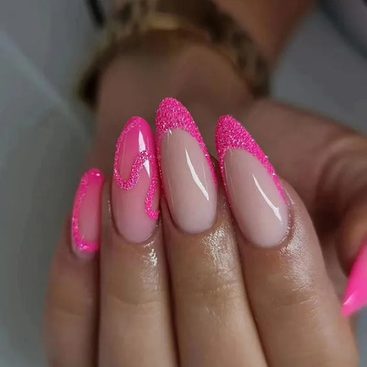 24pcs Finished Press on Nails Long Stiletto Fake Nails Tips Simple Shiny Powder Design Almond False Nail Art Wearable Manicure