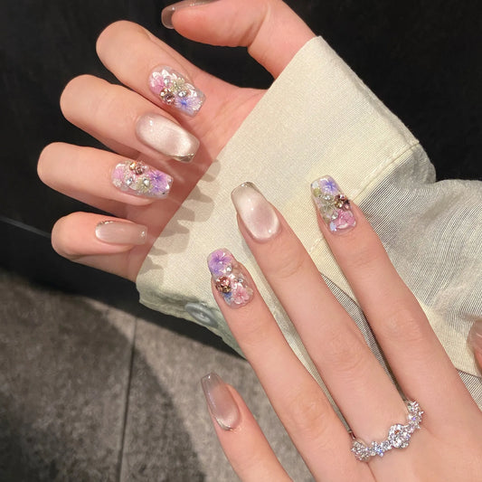 10Pcs New Medium French Cat Eye Small Diamond Fake Nails Short Square Ballet Flowers Press on Nails Glittering Wearable Manicure