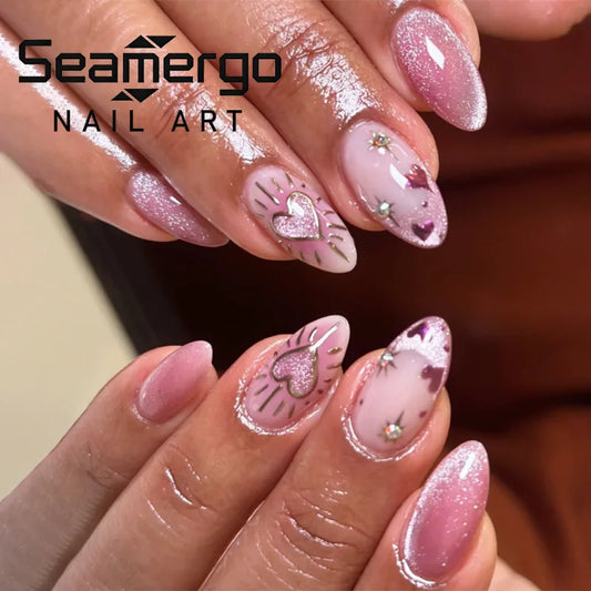 24PCS Sweet Pink Glitter Almond Fake Nail with Heart Gold Outline Rhinestone Press on Nails Y2K French Design Nail Art for Women