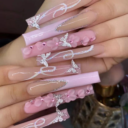 Monarch – Glitter Butterfly French Long Coffin Press-On Nails