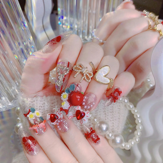 24pcs Shiny Blush Pink Almond False Nails Cute 3D Fruit Love Heart Bows Flower Decor Press On Nails Sweet Girls Charm Fake Nail