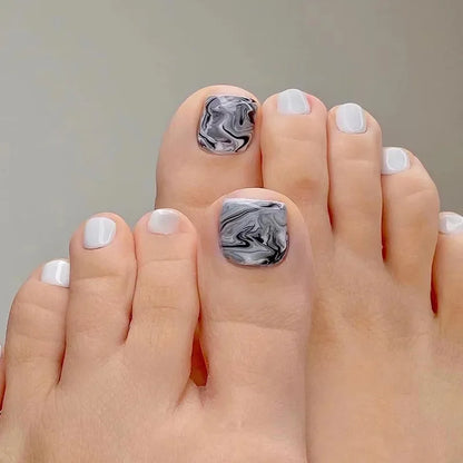 Simple White French Artificial Toenails Shiny Rhinestones Toe False Nails with Glue Wearable Short Flat Shape Fake Toenails