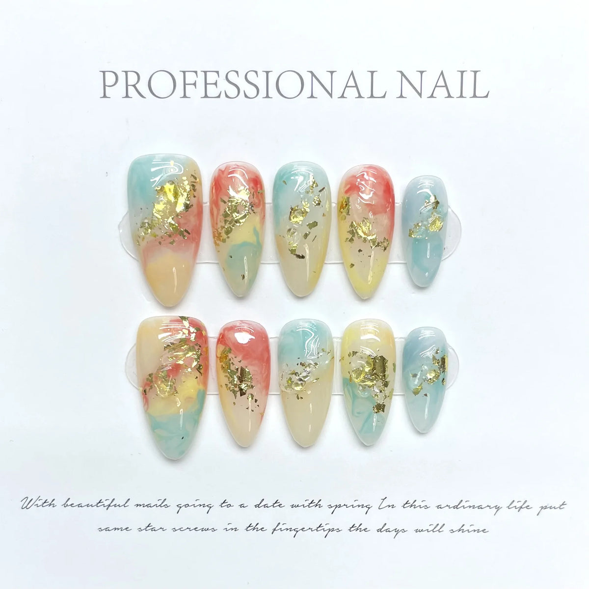 10pcs Shiny Colorful Almond Fake Nail Patches Handmade Chinese Style Press On Nails Gold Foil Sequins Smudging False Nails Art